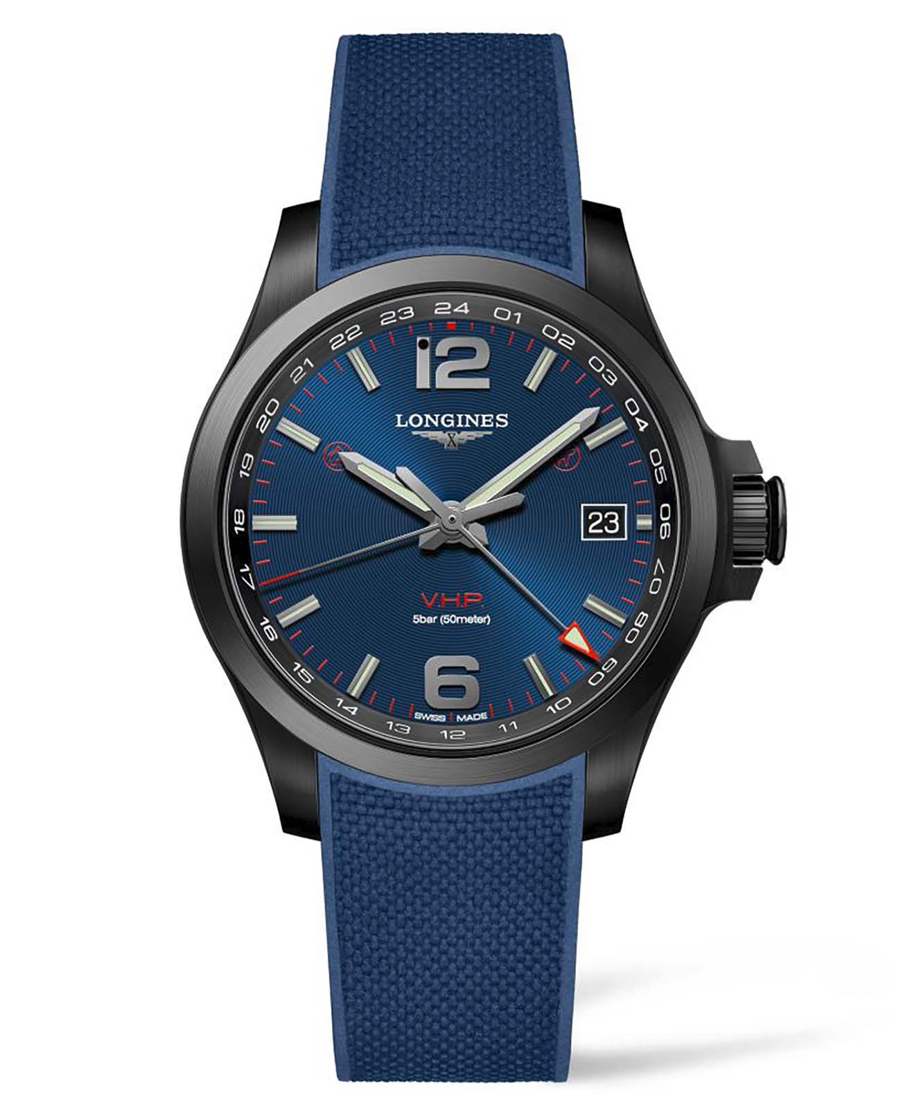 Longines Longines Conquest V.H.P. L3.718.2.96.9  L37182969 кварцевые мужские часы синий циферблат, браслет каучук — вид спереди